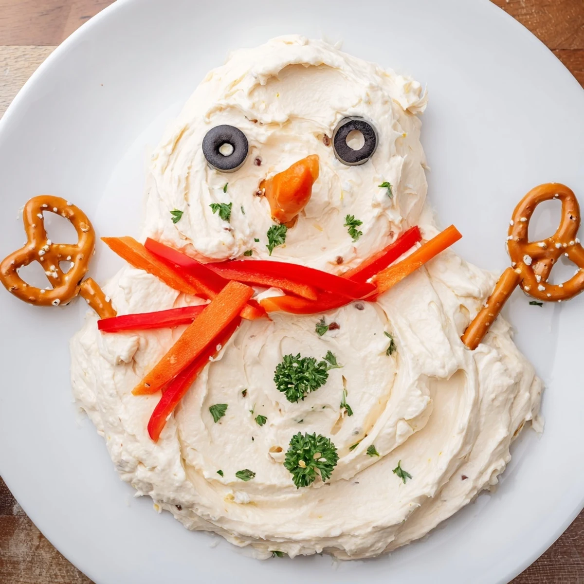 Melted Snowman Dip, a whimsical appetizer with black olive eyes and a carrot nose.