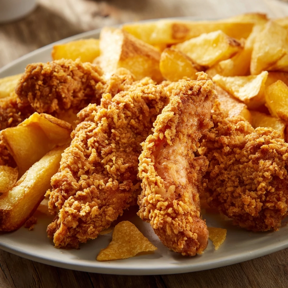 Golden-brown Crispy Onion Chip Chicken Tenders, ready to dip in your favorite sauce for dinner.