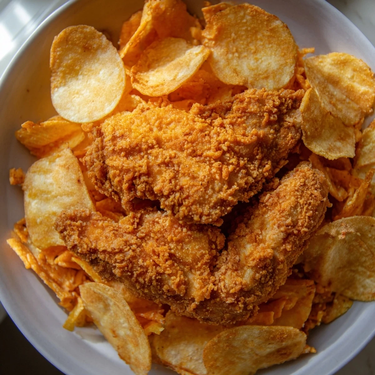 Homemade Crispy Onion Chip Chicken Tenders, a family favorite, coated in crunchy chip crumbs.