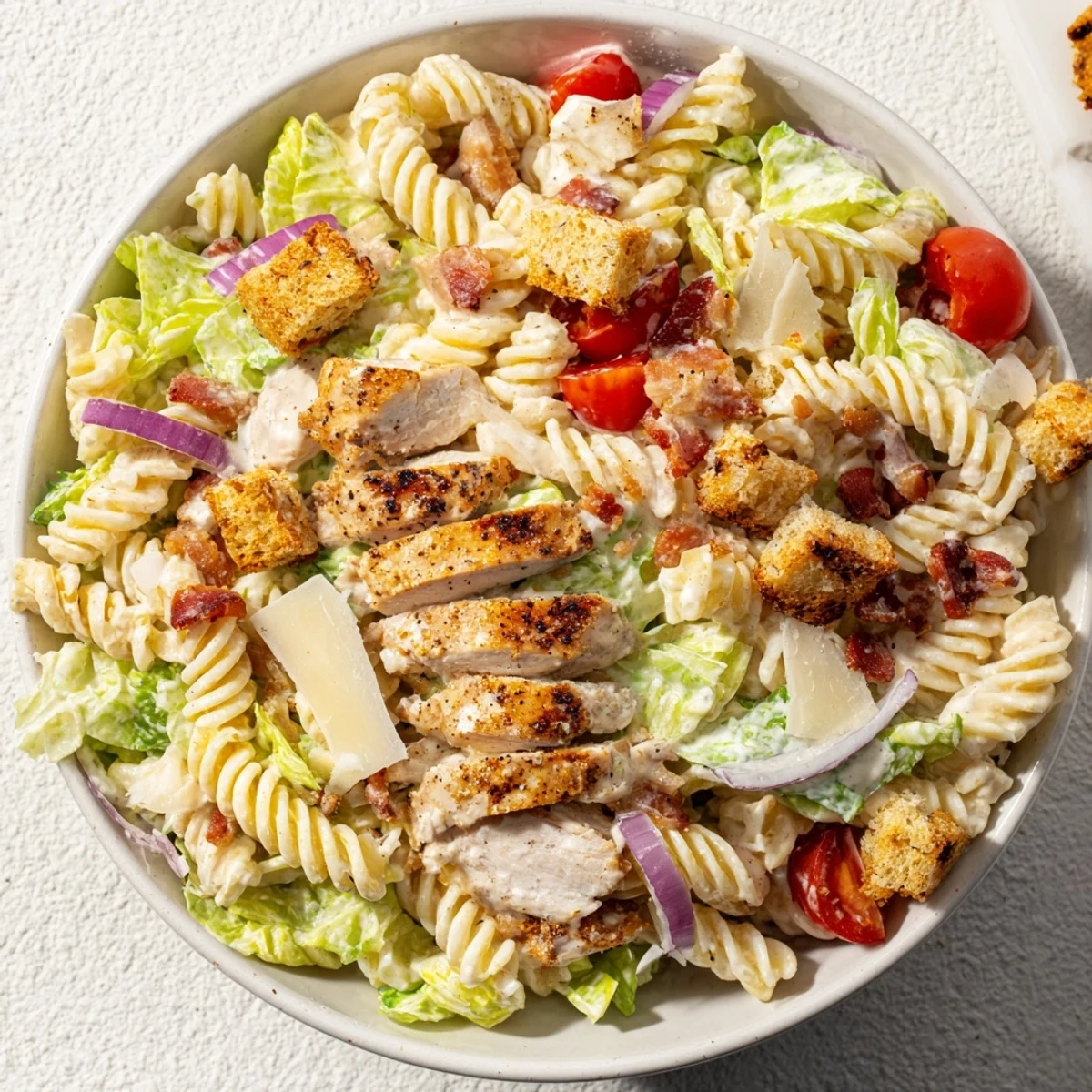Chicken Caesar Pasta Salad, a creamy delight with rotini, grilled chicken, bacon, and fresh romaine lettuce.