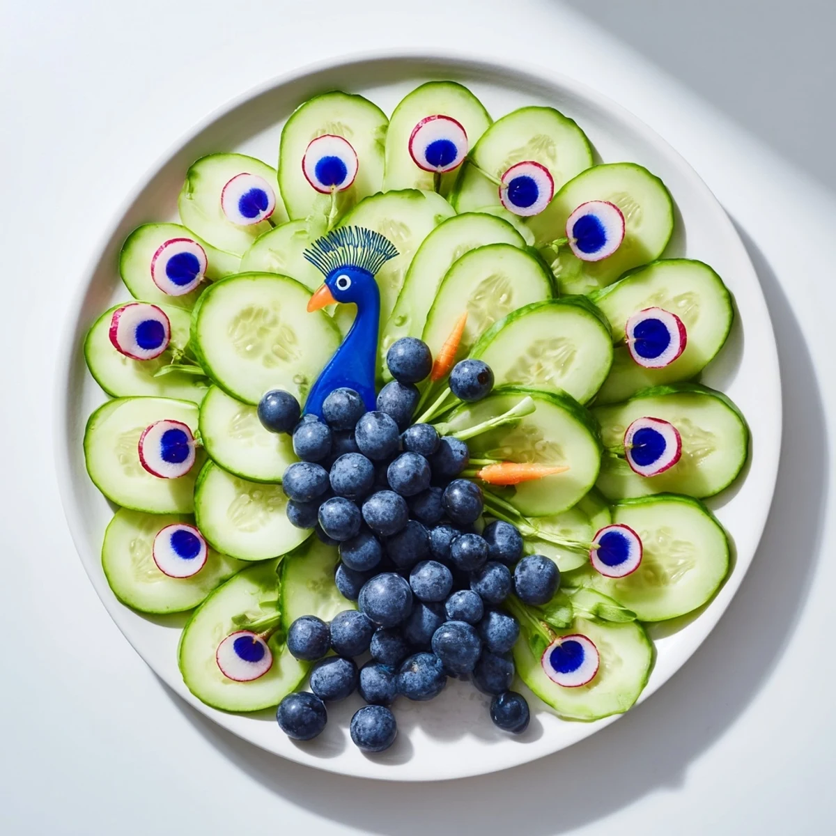 This artistic Peacock Tail arrangement presents a beautiful combination of fresh fruit and vegetables.