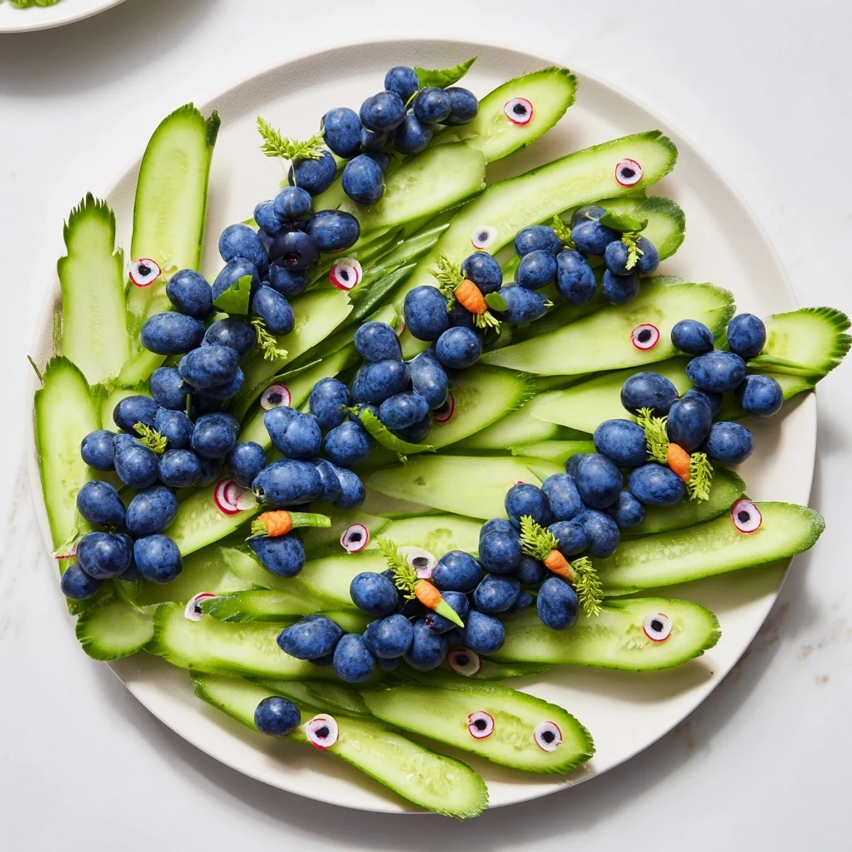 Eye-catching Peacock Tail: A colorful platter with fresh cucumber slices and juicy grapes.