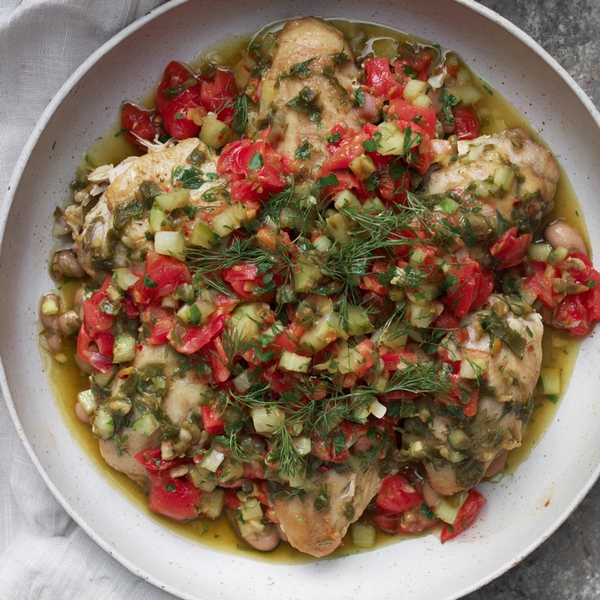 A bright bowl of Dense Bean Salad with Lemon-Dill Chicken, drizzled with fragrant lemon dressing.
