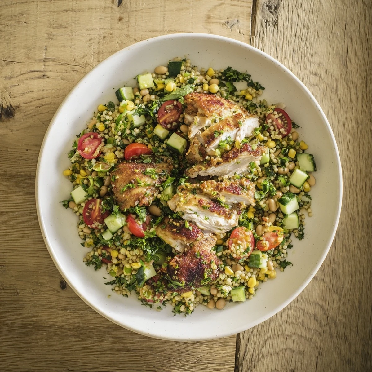 Steaming shredded chicken and vibrant vegetables compose this Dense Bean Salad with Lemon-Dill Chicken.
