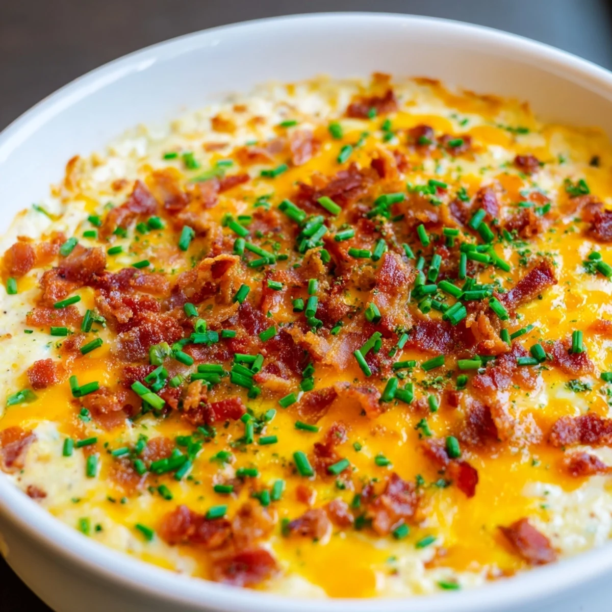 Warm, bubbly Cheesy Bacon Ranch Dip, with melted cheese and crispy bacon, ready to serve with chips.