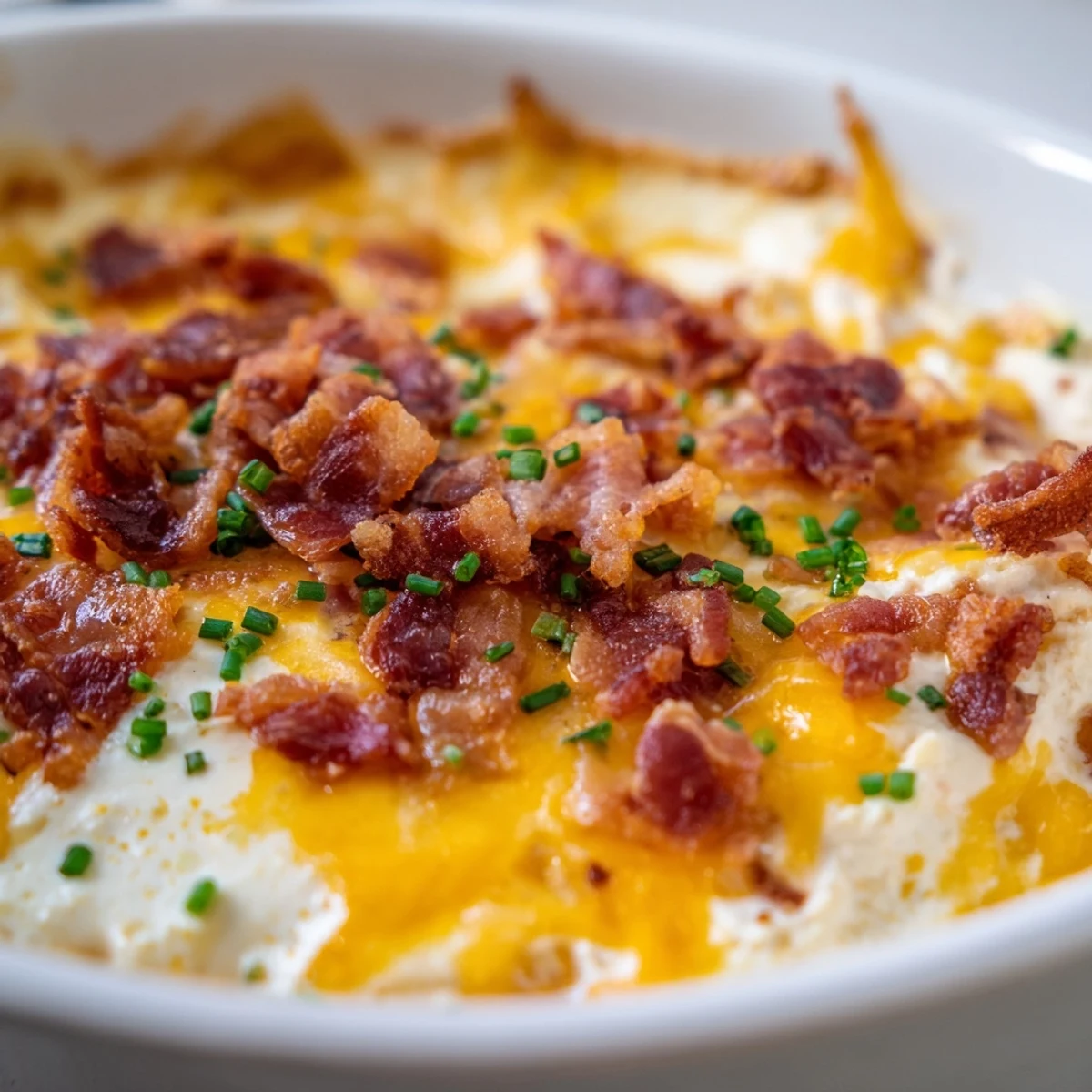 A close-up of a cheesy, flavorful Cheesy Bacon Ranch Dip, perfect for dipping tortilla chips at a party.