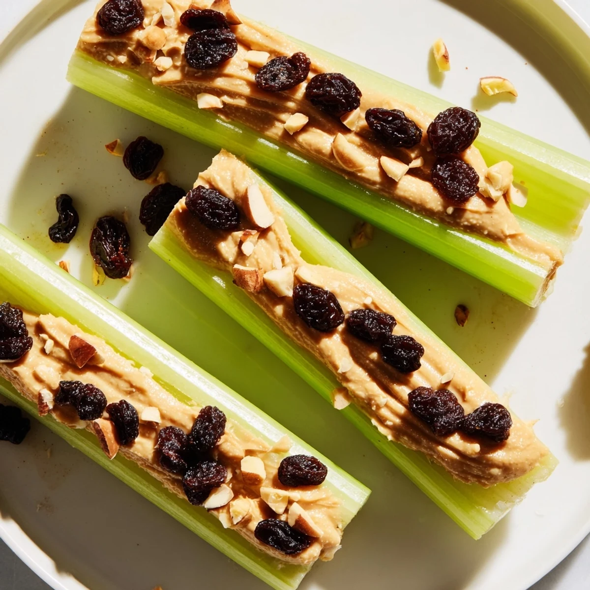 Fresh, crisp celery sticks filled with creamy peanut butter, a classic, simple American snack.