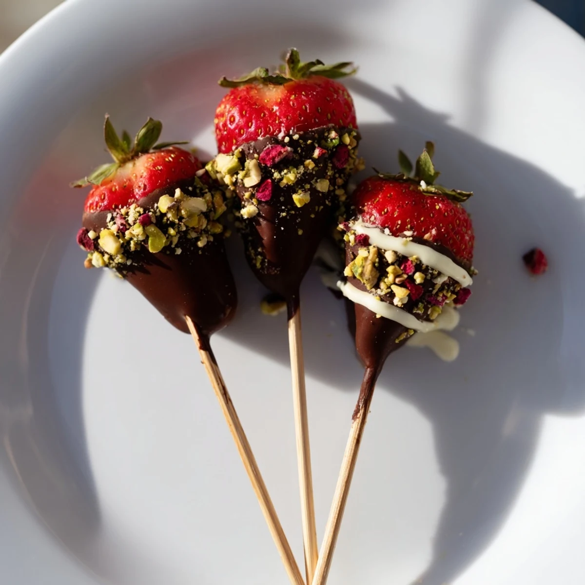 Get ready for these irresistible chocolate-dipped strawberry skewers, garnished beautifully with pistachios.