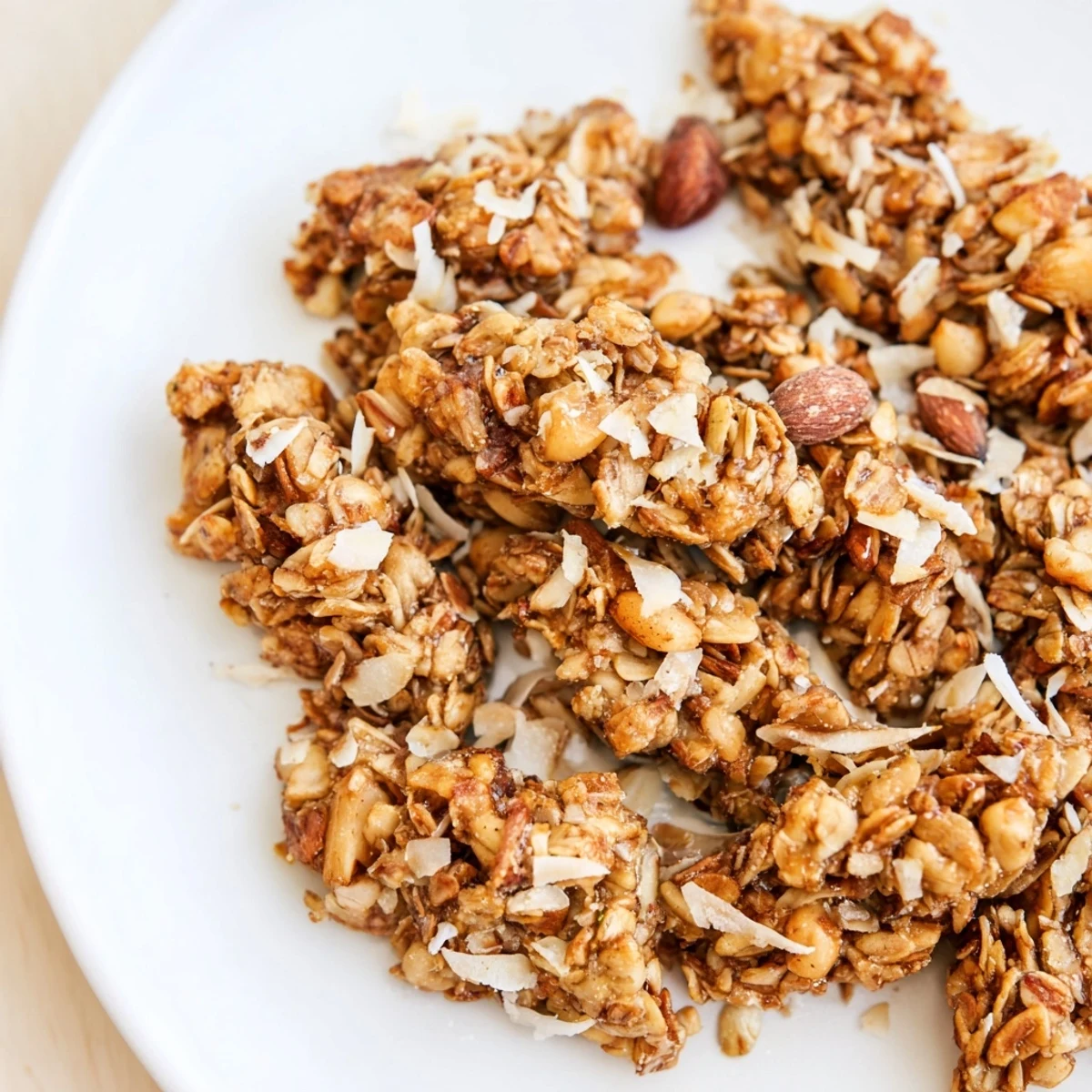 Golden-brown honey nut granola clusters, a delicious start to the day alongside fresh fruit.