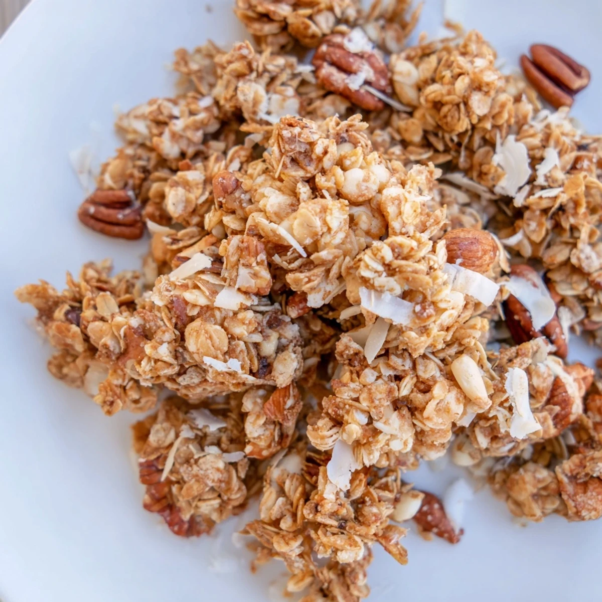 Crispy honey nut granola clusters, fresh from the oven, with the inviting scent of cinnamon and honey.