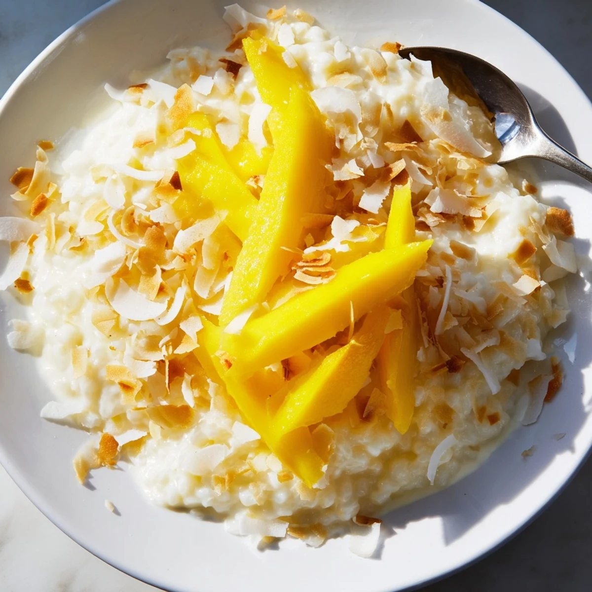 Steaming bowl of Toasted Coconut Rice Pudding, topped with golden flakes and fresh mango slices.