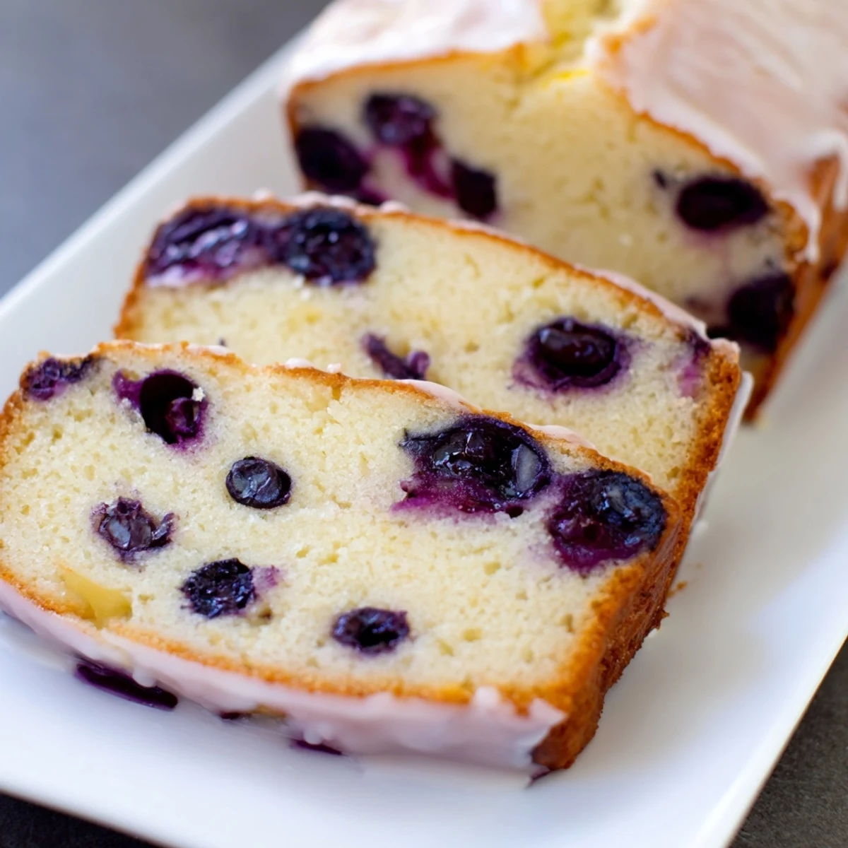 Golden, glazed Lemon Blueberry Yogurt Loaf slice with juicy blueberries, ready to enjoy as a sweet treat.