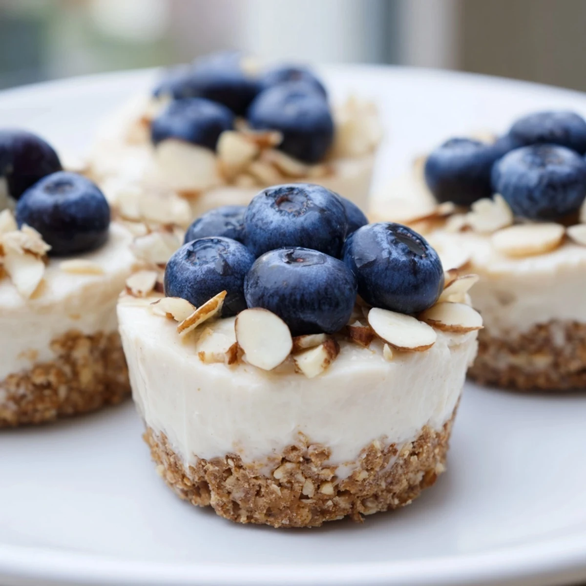 Protein Cheesecake Cups ready to eat, a layered dessert with fresh berries and a golden crust.