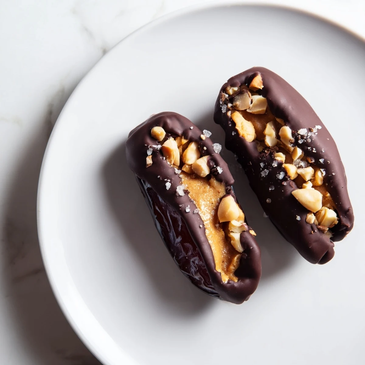 Dark chocolate-covered Chocolate Date Snickers look decadent, with flaky sea salt sprinkled for a treat.