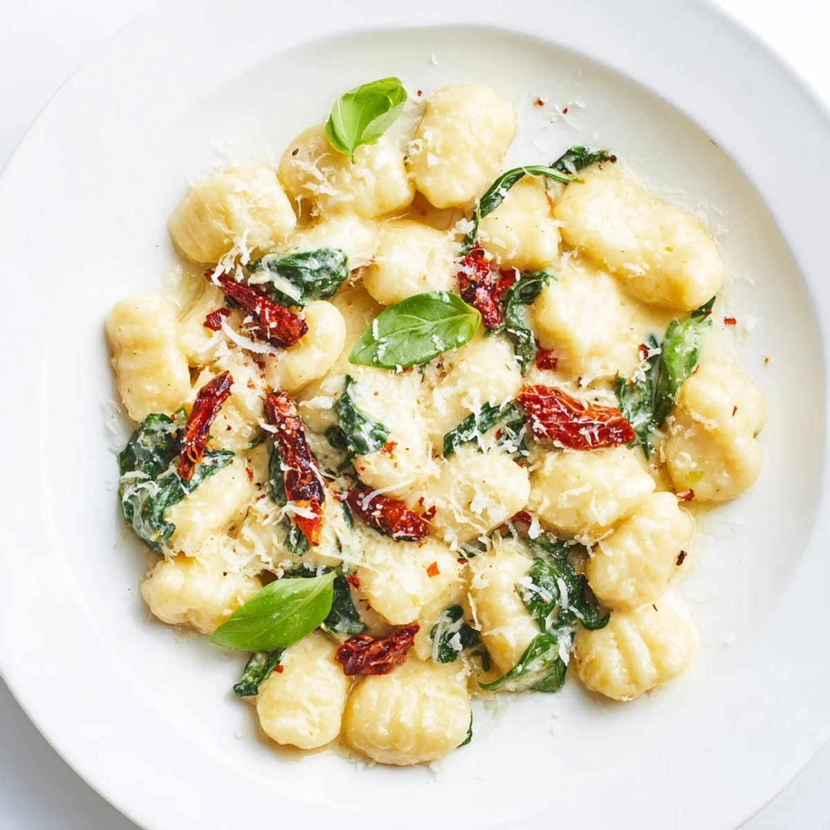 Savory Creamy Tuscan Gnocchi served hot, garnished with fresh basil and Parmesan cheese ready to eat.