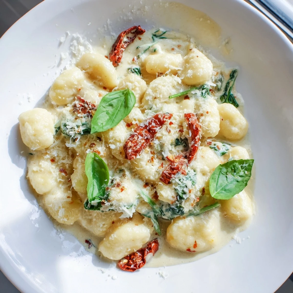 Golden-hued Creamy Tuscan Gnocchi with wilted spinach; a delicious, easy Italian dinner ready in minutes.