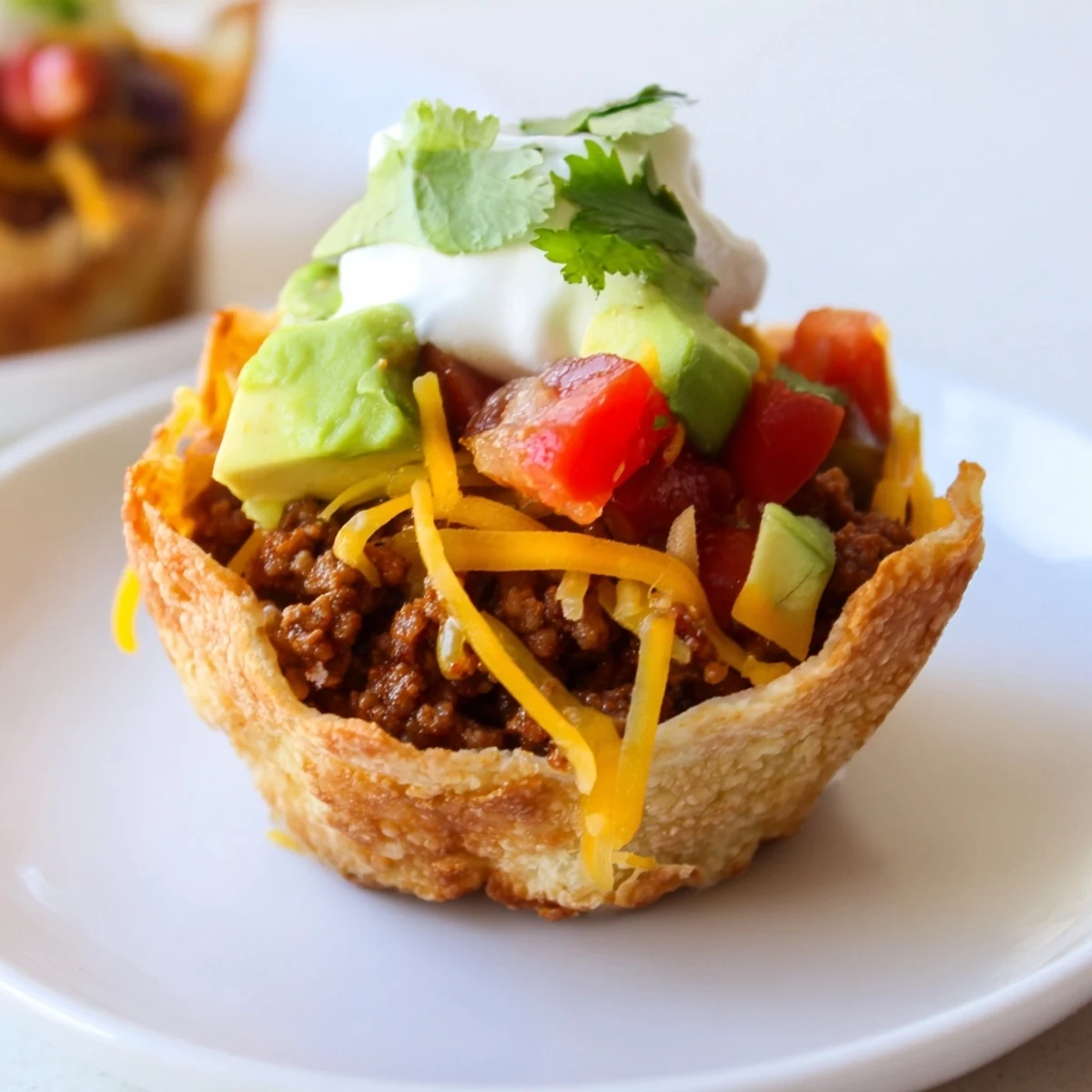 Golden-brown mini taco cups, filled with seasoned beef and melted cheese, perfect for snacking.