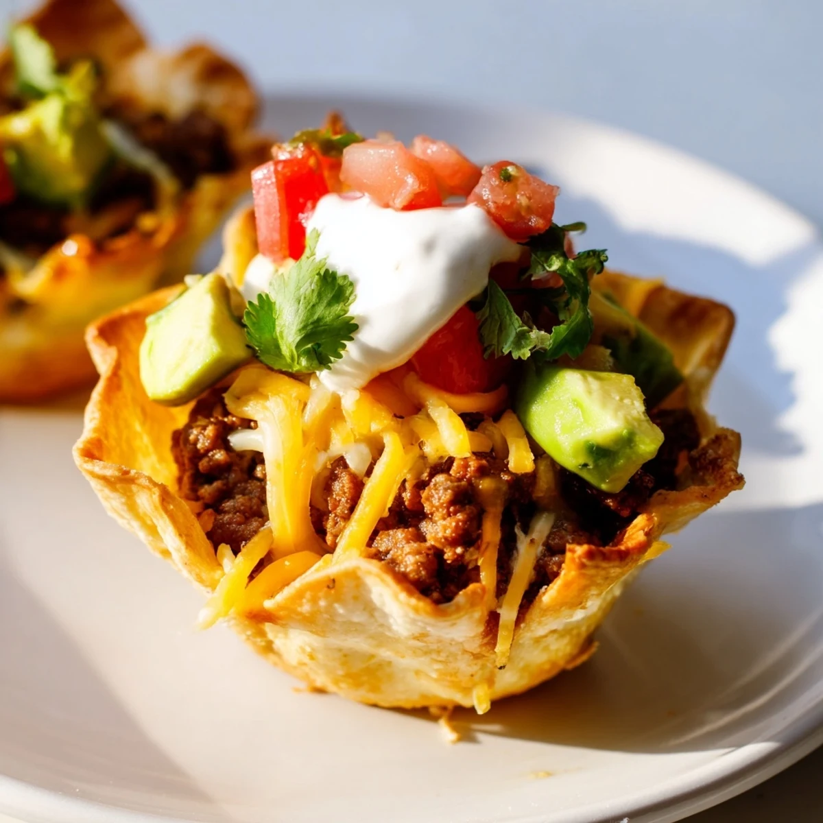 A close-up of cheesy mini taco cups with visible toppings, offering a delightful blend of textures.