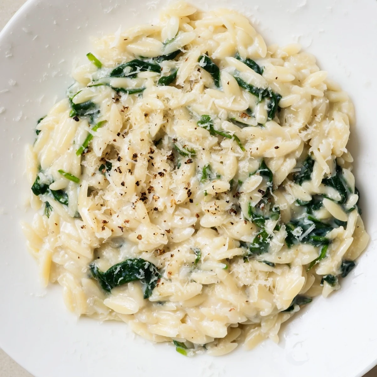 Creamy Spinach Orzo, a comforting one-pan meal, steaming hot with fresh spinach and Parmesan cheese.