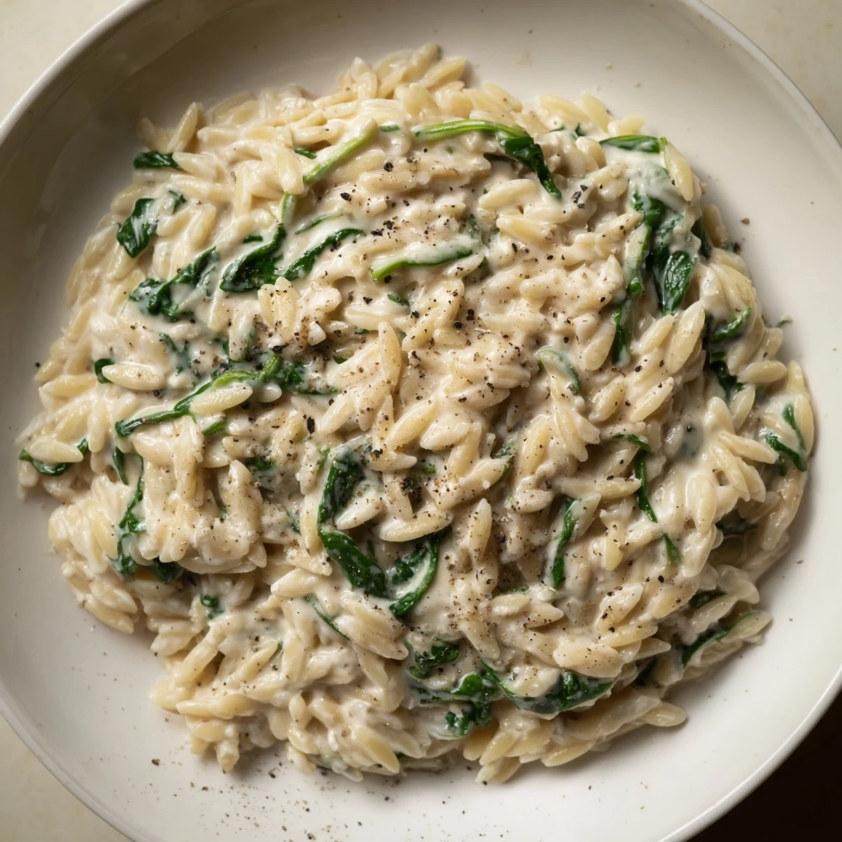 This visually appealing Creamy Spinach Orzo features a creamy sauce and is perfect for a quick dinner.