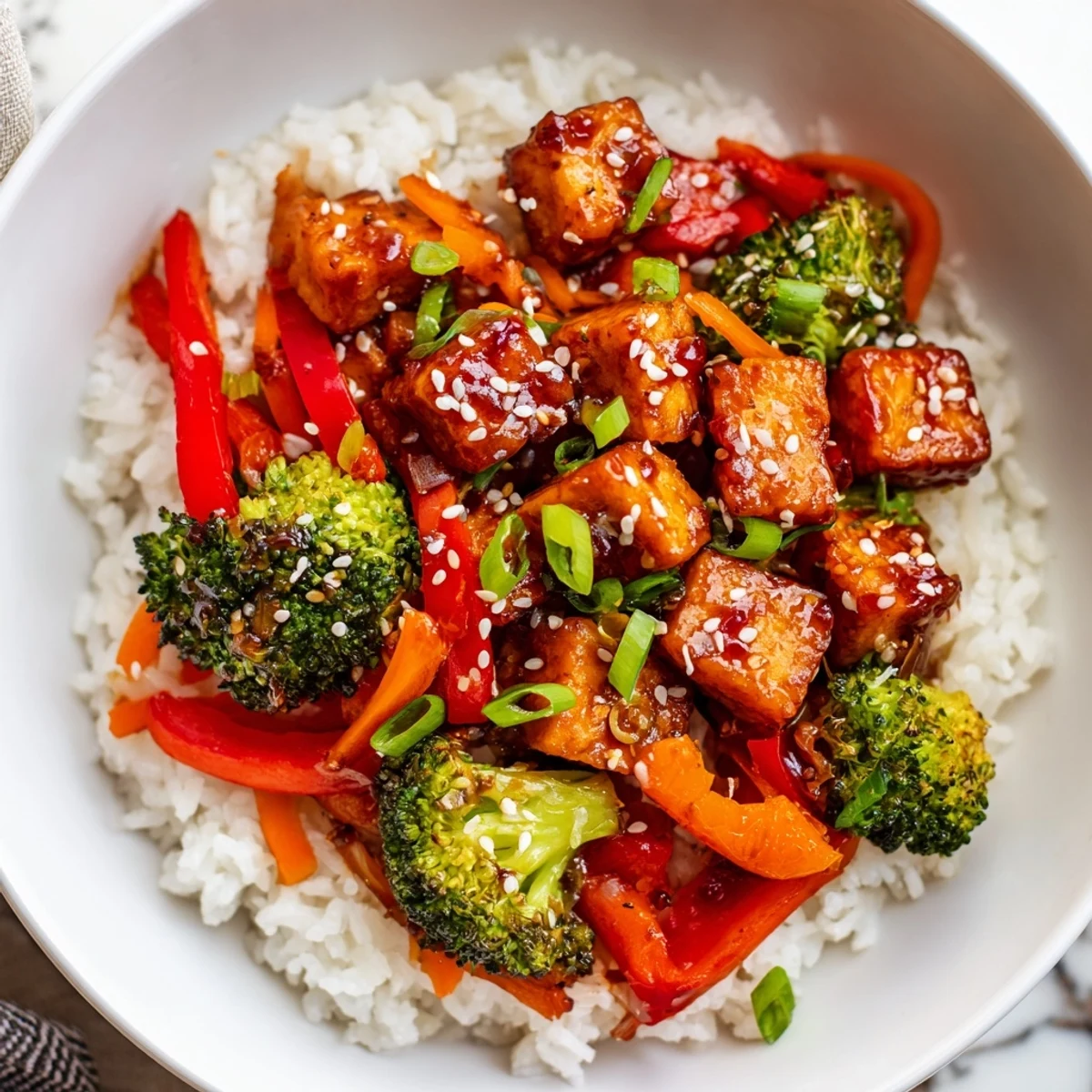 A flavorful close-up of Honey Garlic Tofu Bowls: Crispy tofu, colorful veggies, and that irresistible glaze.