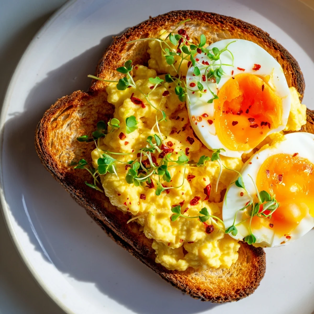 This Egg Flight Toast image displays soft-boiled, scrambled, and fried eggs atop a buttered, crispy toast slice.