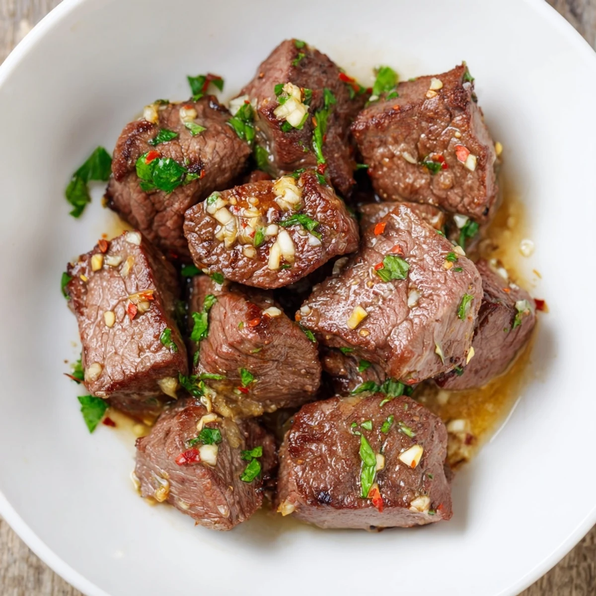 A close-up view of perfectly seared Garlic Butter Steak Bites, ideal for pairing with crusty bread.