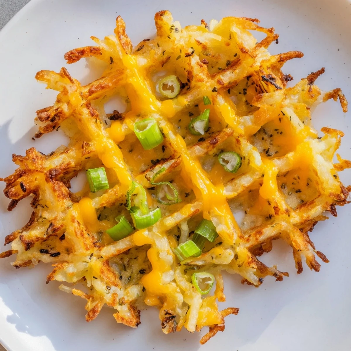 A close-up of hot, steaming Cheesy Hash Brown Waffles with melted cheese and potato texture visible.
