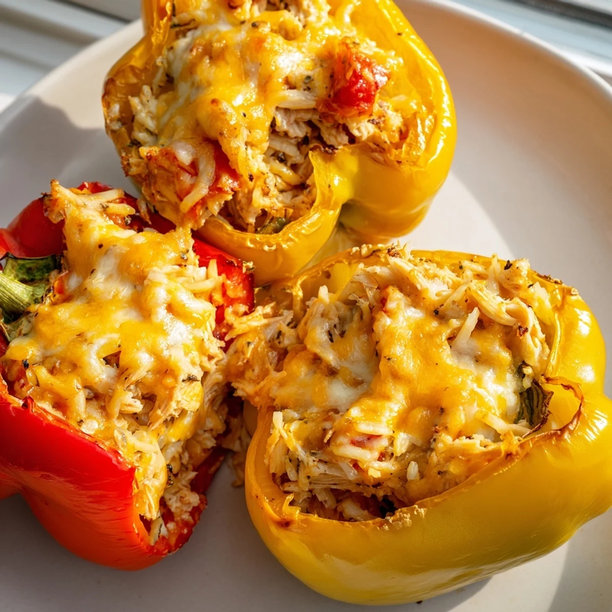 Golden-brown Cheesy Chicken Stuffed Peppers, bubbling with melted cheese for a hearty, comforting dinner.