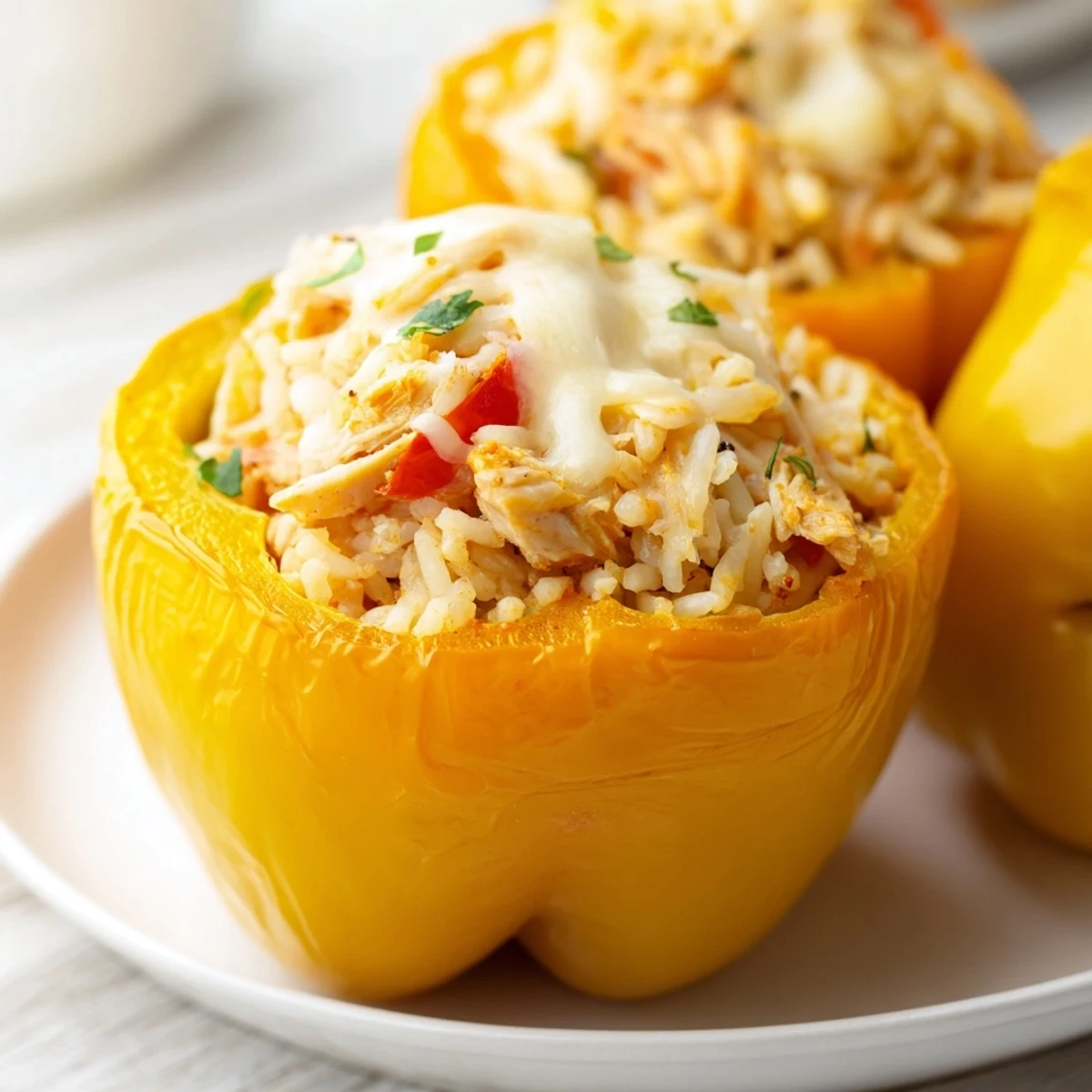 Close-up of baked Cheesy Chicken Stuffed Peppers, showing the juicy chicken and savory rice filling.
