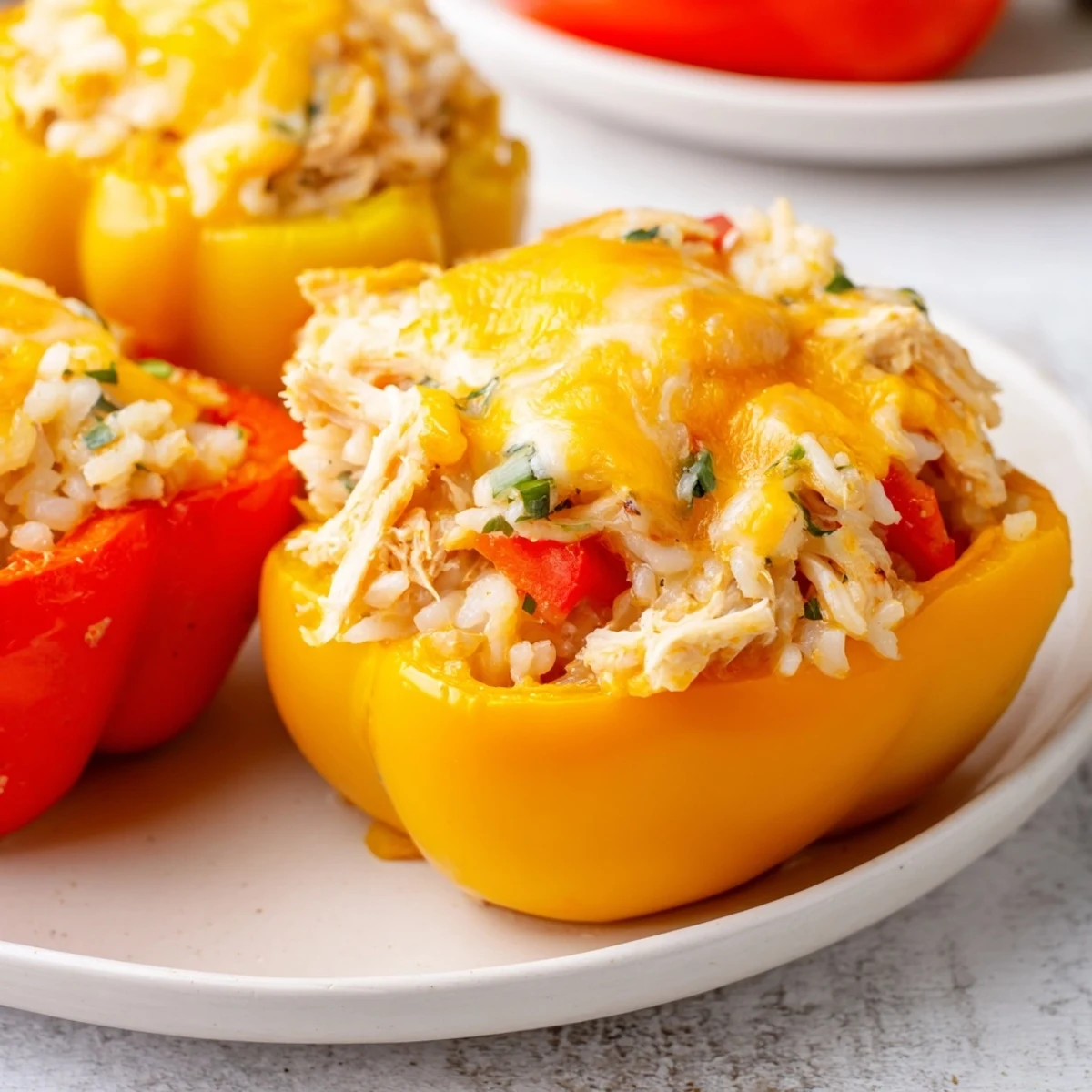 Melted cheese topping the flavorful Cheesy Chicken Stuffed Peppers after baking in the oven.