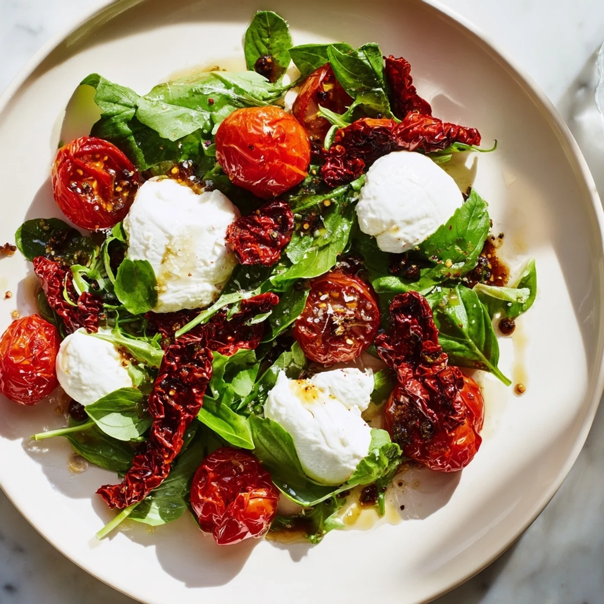 Vibrant Tomato Flight Salad with roasted tomatoes, creamy burrata, and fresh basil, a delicious Italian-inspired starter.