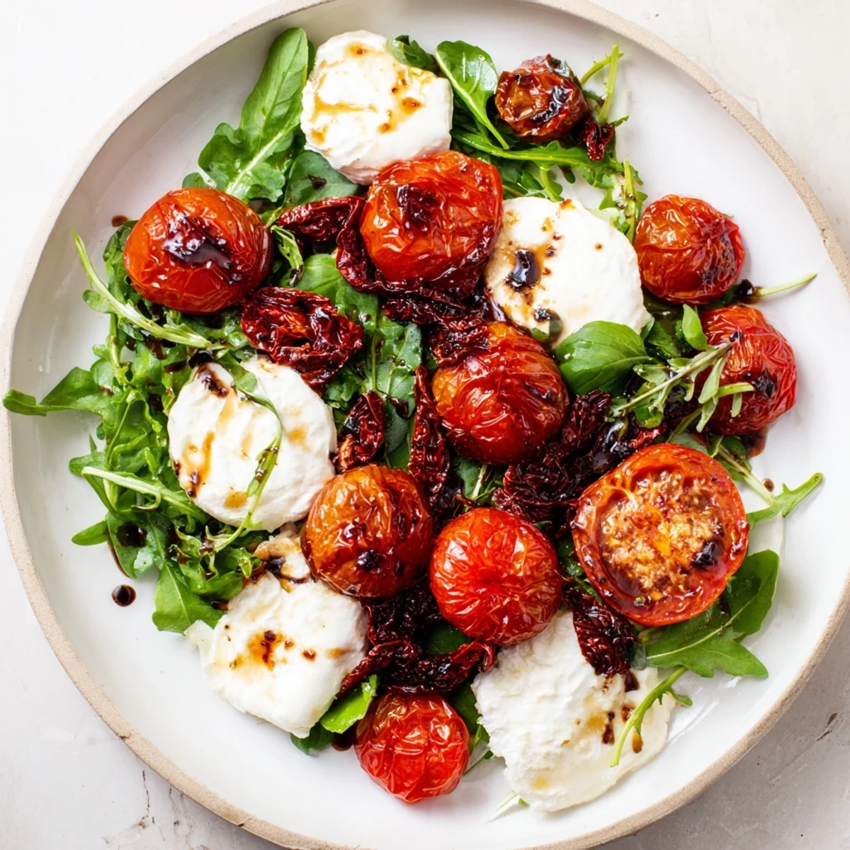 Enjoy a visually appealing Tomato Flight Salad, showcasing the textures of fresh basil, mixed greens, and flavorful tomatoes.