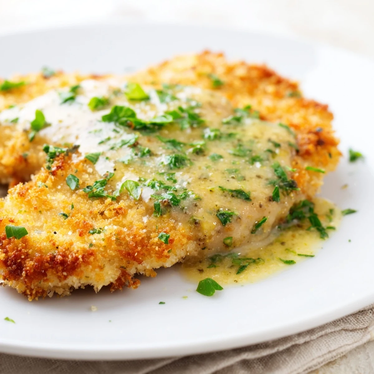 Golden-brown Crispy Chicken with Garlic Cream Sauce, perfectly plated with a rich, savory sauce.