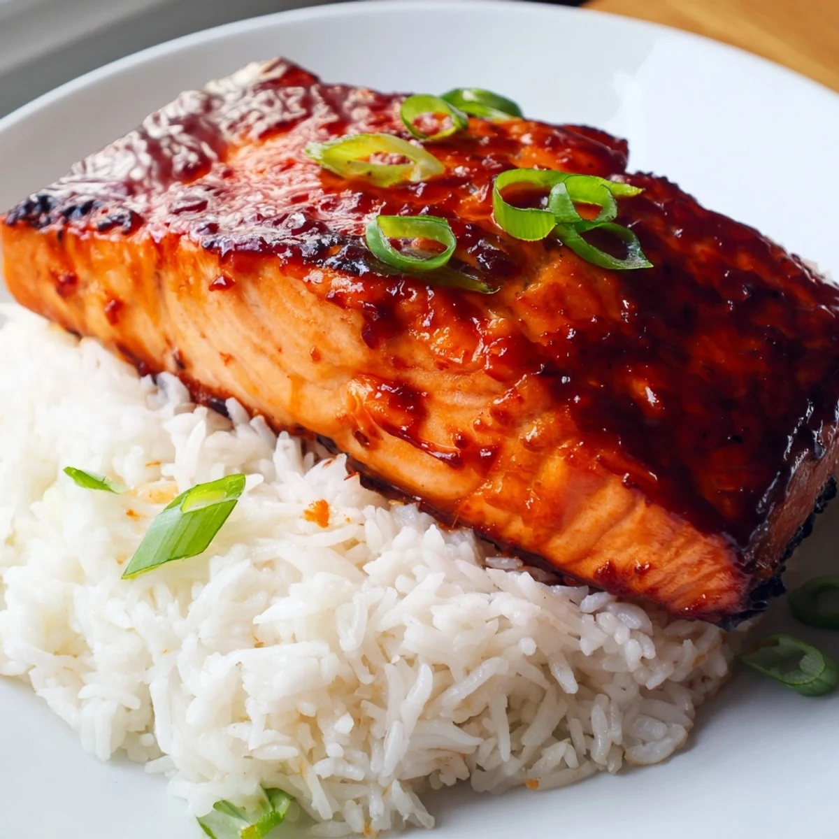 A beautiful plate of Sticky Orange Salmon, glistening and served on a bed of fluffy rice.