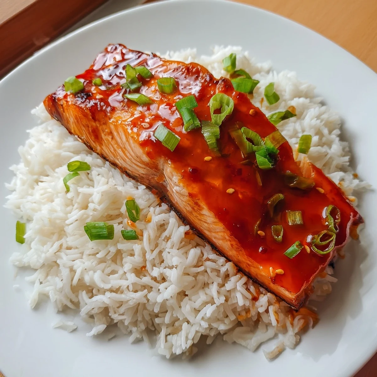 Delectable and flavorful, this recipe features Sticky Orange Salmon with garnishes and steamed rice.