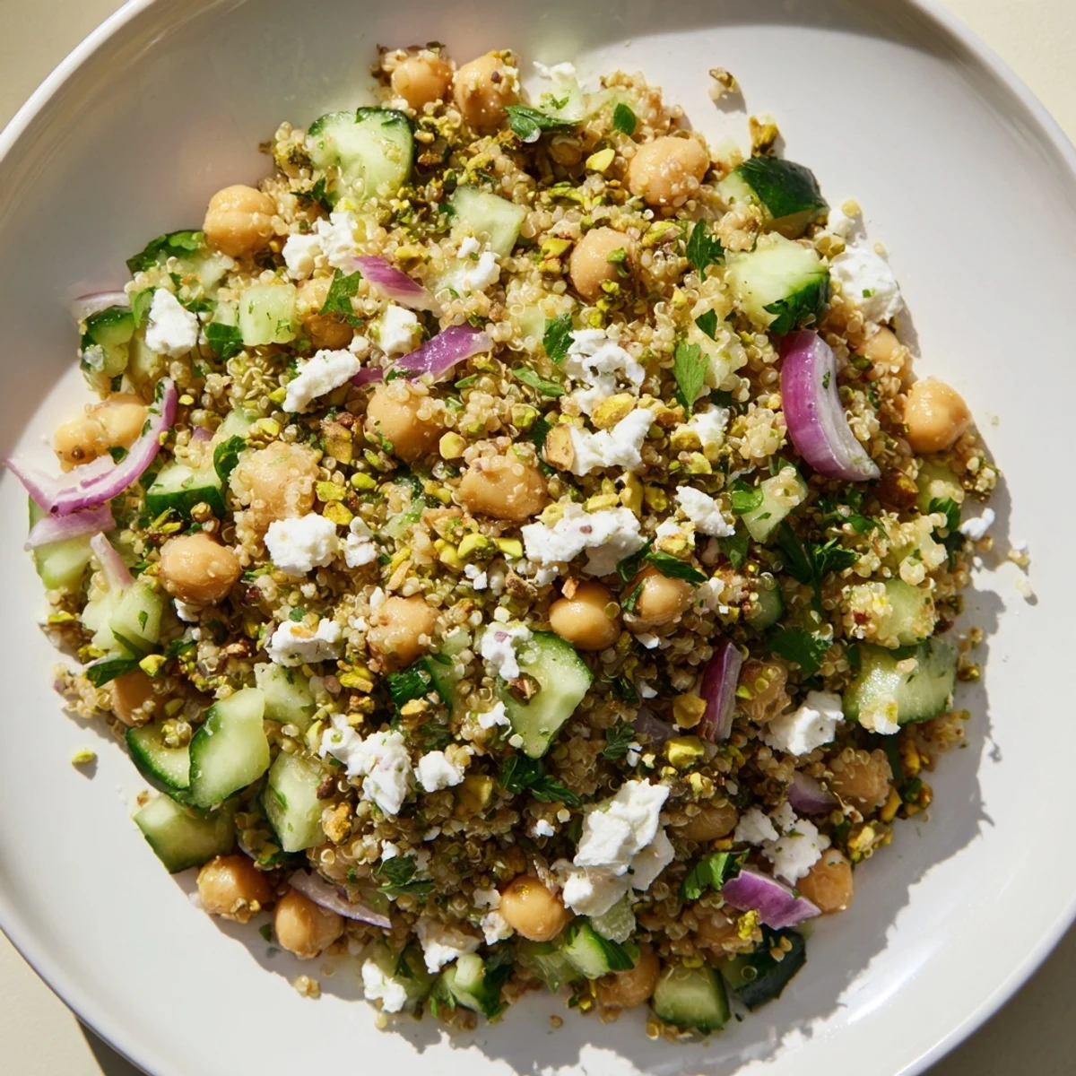 Jennifer Aniston Salad: A colorful mix of grains, chickpeas, and fresh herbs, ready to be tossed.