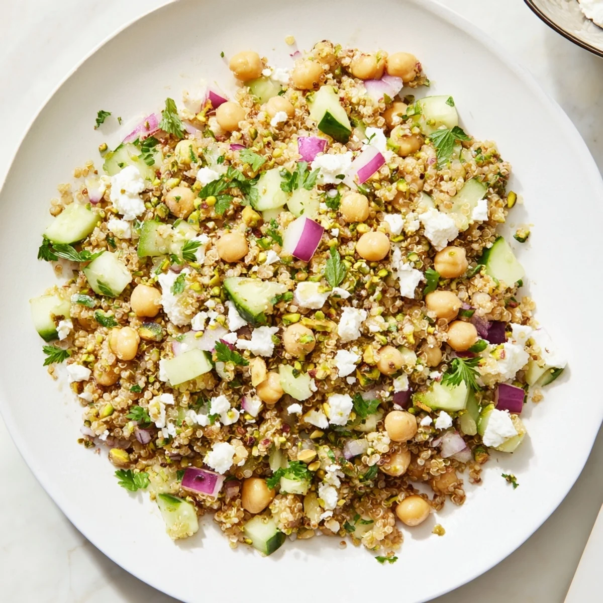Bright Jennifer Aniston Salad with creamy feta, crunchy cucumber, and pistachios, making a flavorful entrée.