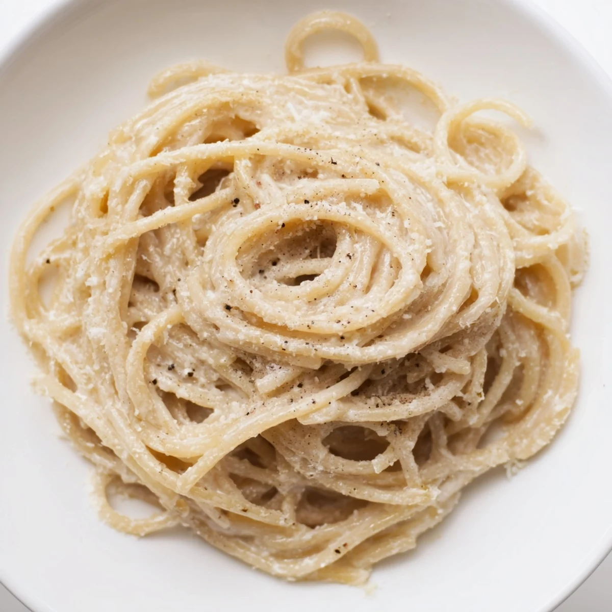 Creamy, glistening Lazy Girl Three-Ingredient Pasta, swirled with Parmesan and ready to serve.