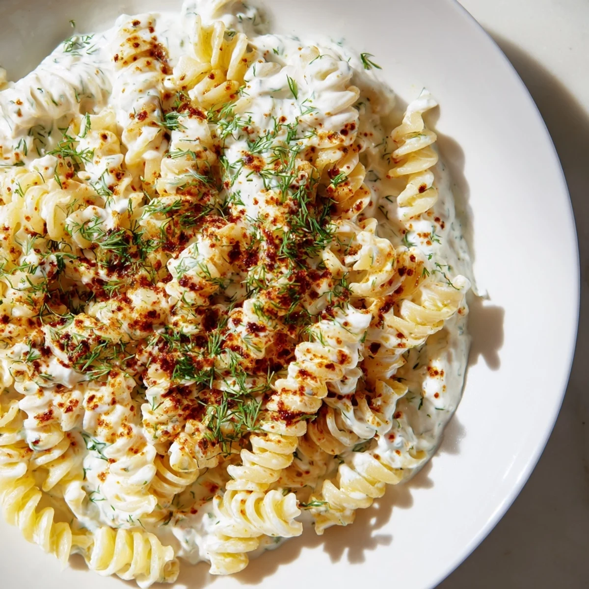 Creamy Turkish Yogurt Pasta, with fusilli pasta coated in garlicky yogurt and spiced butter.
