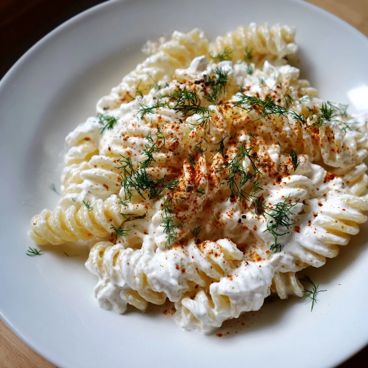 Savory Turkish Yogurt Pasta, ready to eat, looks delicious with its creamy yogurt sauce and spices.