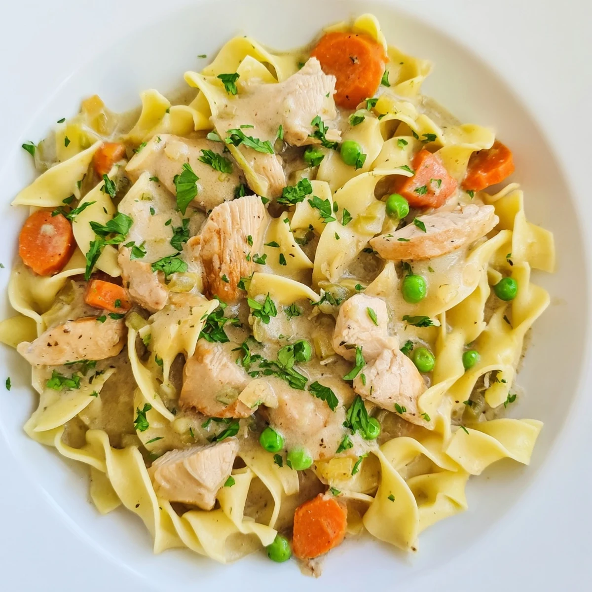A close-up of creamy chicken and egg noodles, perfect for a warming, family-style dinner.