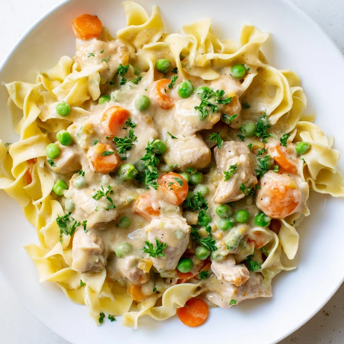 Golden egg noodles tossed with tender chicken in a rich, creamy sauce, a classic!