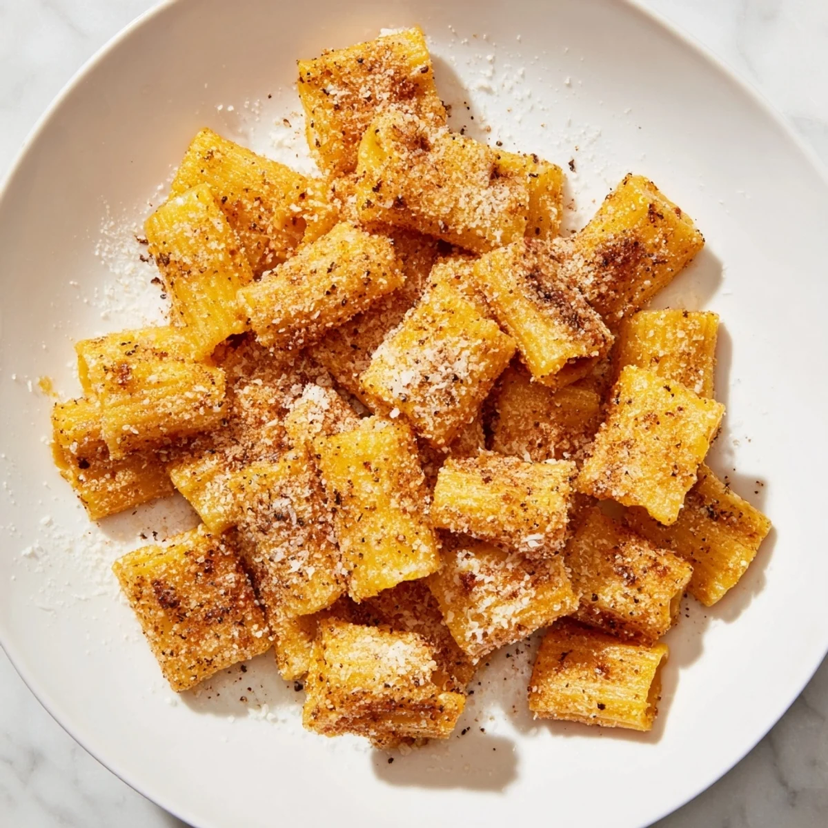 Golden and crispy pasta chips are perfectly displayed, ready for dipping and delicious snacking.