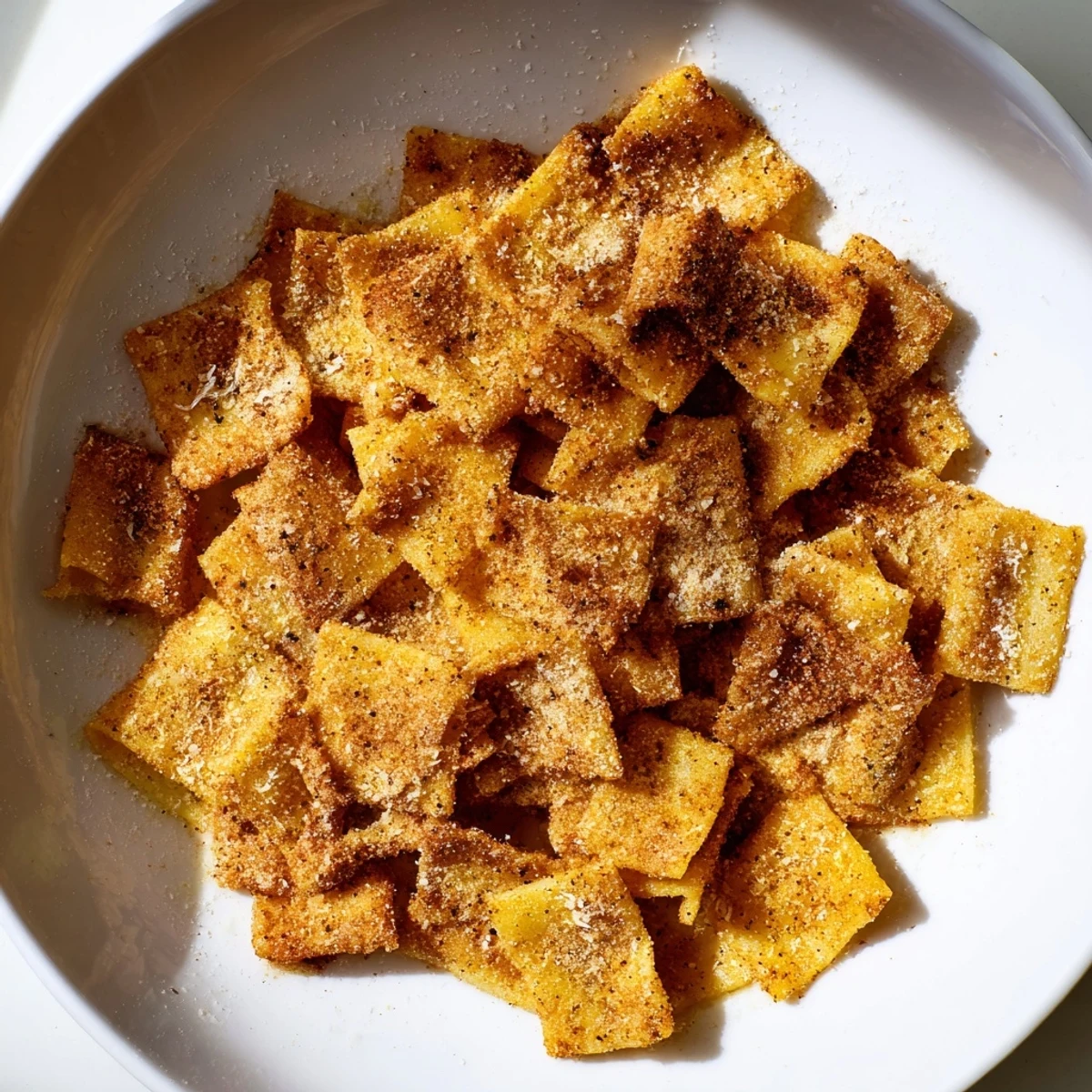 A close-up shot of seasoned pasta chips, air-fried to a golden brown, and delightfully crunchy.