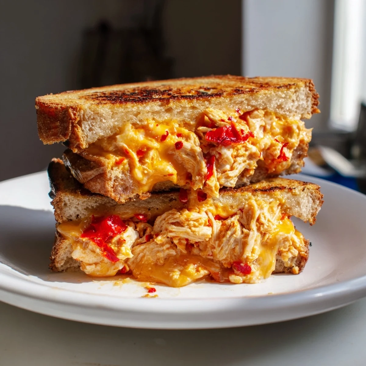 A close-up of a perfectly grilled Chili Crisp Honey Chicken Grilled Cheese, showing textures of crisp bread and melty cheese.