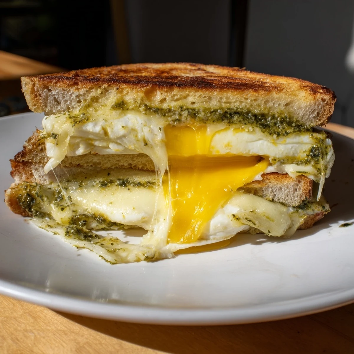Golden, bubbly Pesto Egg Grilled Cheese with pesto-infused eggs oozing from melted mozzarella.
