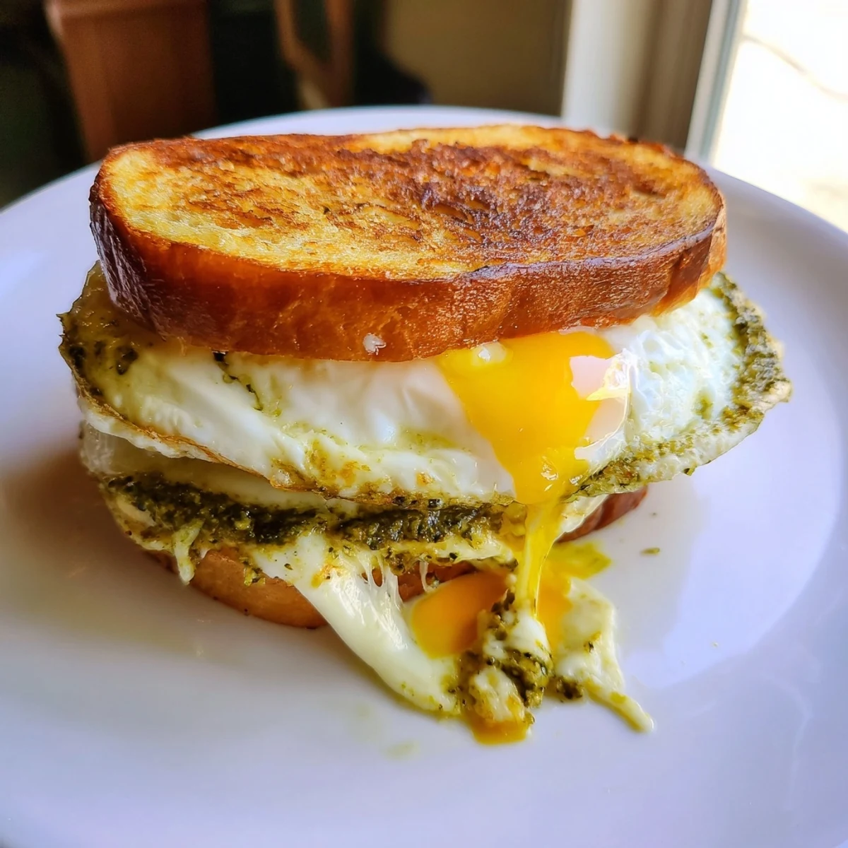Buttery, toasted sourdough: The delicious Pesto Egg Grilled Cheese sandwich ready to serve with a knife.