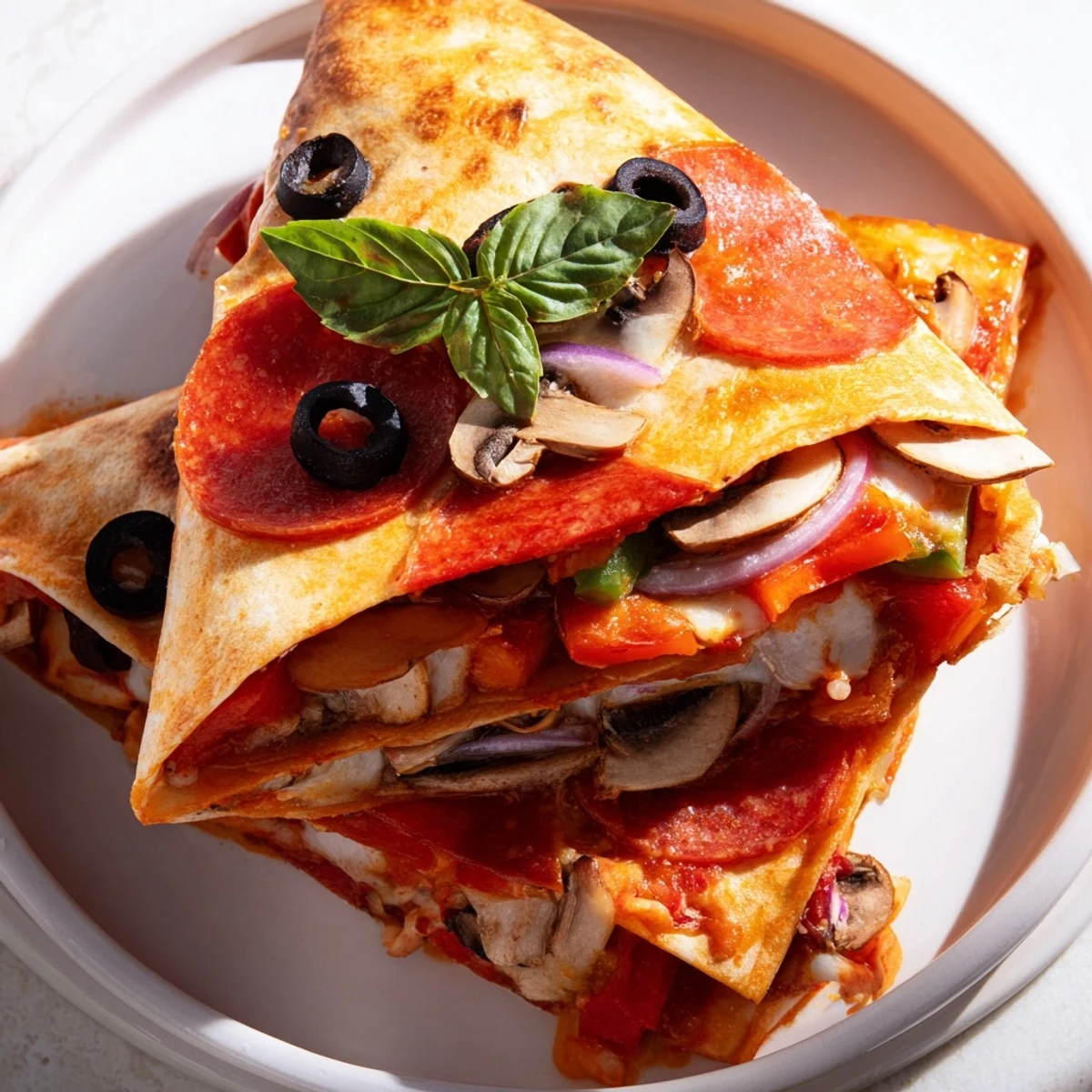 Tortilla Pizza Wrap, a handheld delight with melted cheese and savory toppings, ready to eat.