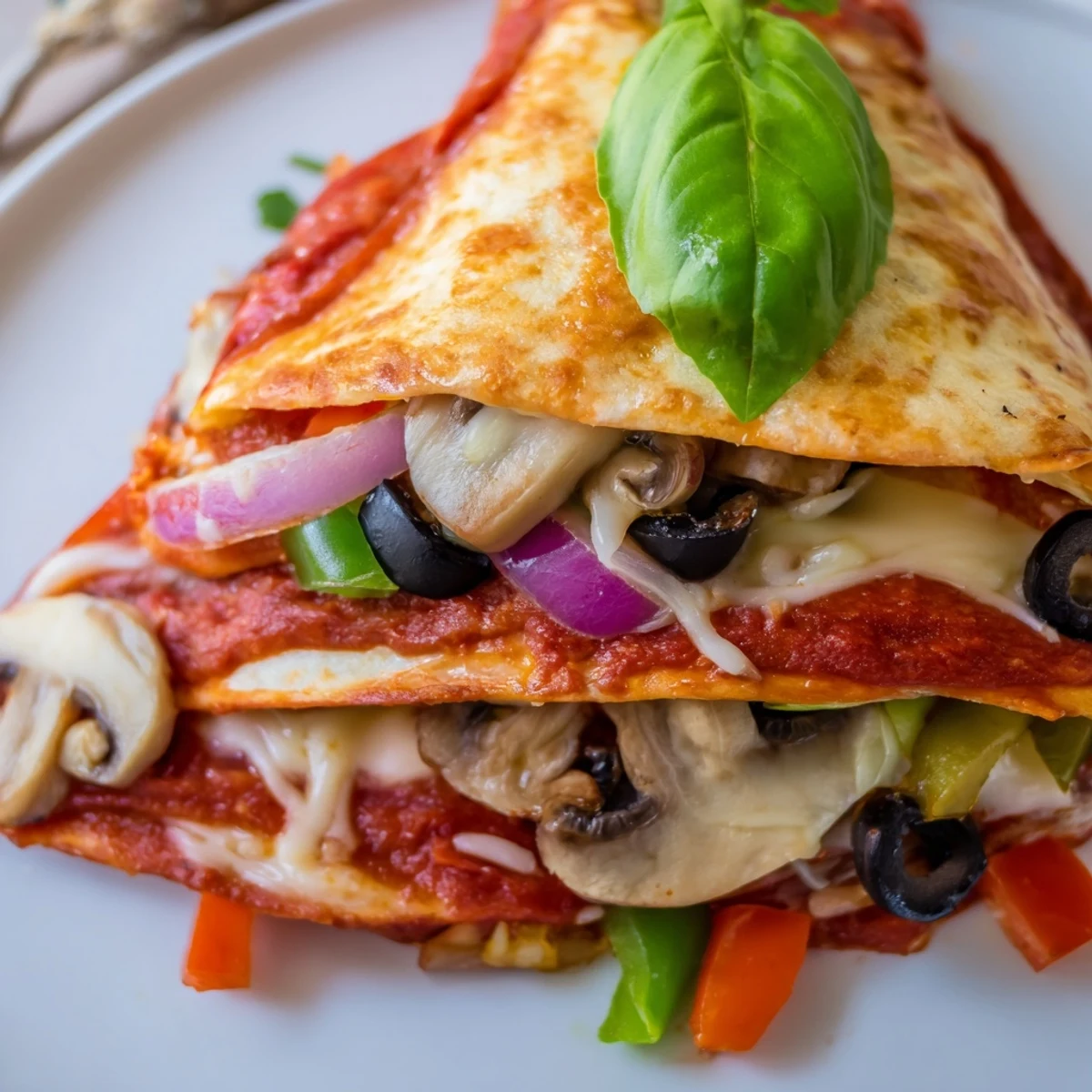 Golden-brown Tortilla Pizza Wrap filled with melted mozzarella, pepperoni, and fresh basil, so delicious!